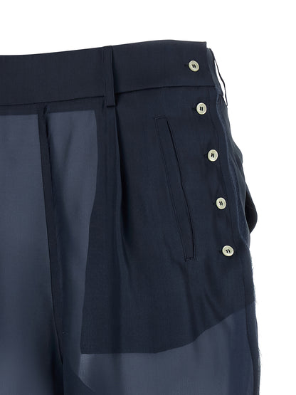 Trousers by MAISON JEJIA for women in silk blue, pearl & transparent features a sculptural silhouette, showcasing a sculptural and long with a sophisticated high rise for a sculptural finish.