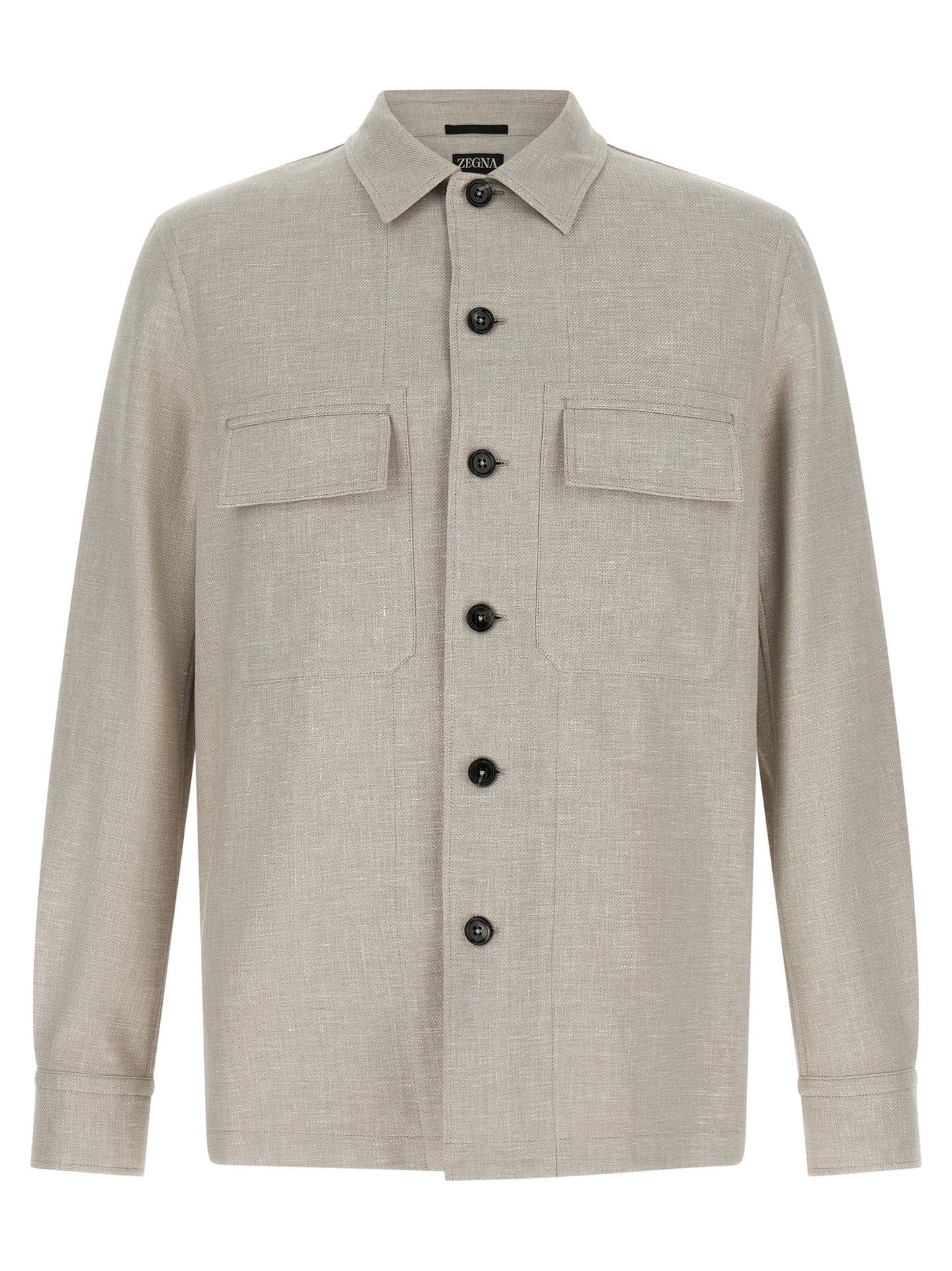 ZEGNA Men's Long-Sleeve Silk Linen Polyamide Leather Overshirt - Gray Horn