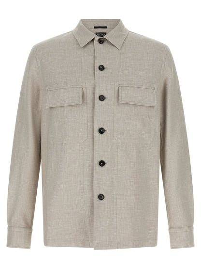 ZEGNA Men's Long-Sleeve Silk Linen Polyamide Leather Overshirt - Gray Horn