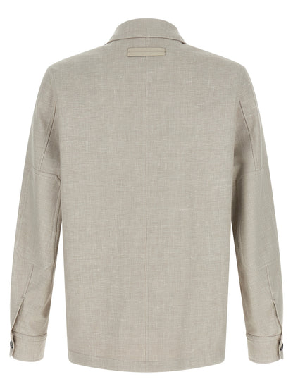 ZEGNA Men's Long-Sleeve Silk Linen Polyamide Leather Overshirt - Gray Horn