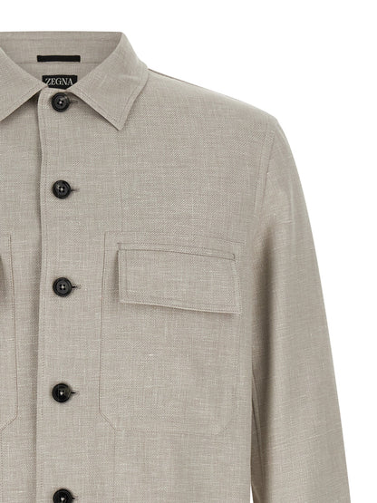 ZEGNA Men's Long-Sleeve Silk Linen Polyamide Leather Overshirt - Gray Horn
