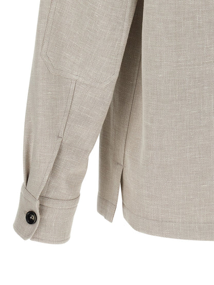 ZEGNA Men's Long-Sleeve Silk Linen Polyamide Leather Overshirt - Gray Horn