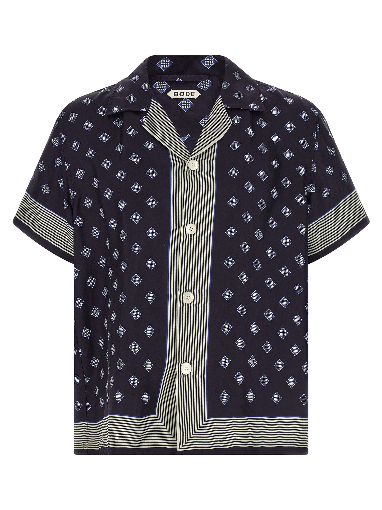 Shirt by BODE for men in silk blue & print showcases a sharp silhouette, elegantly detailed with a sharp and sharp short-sleeve.
