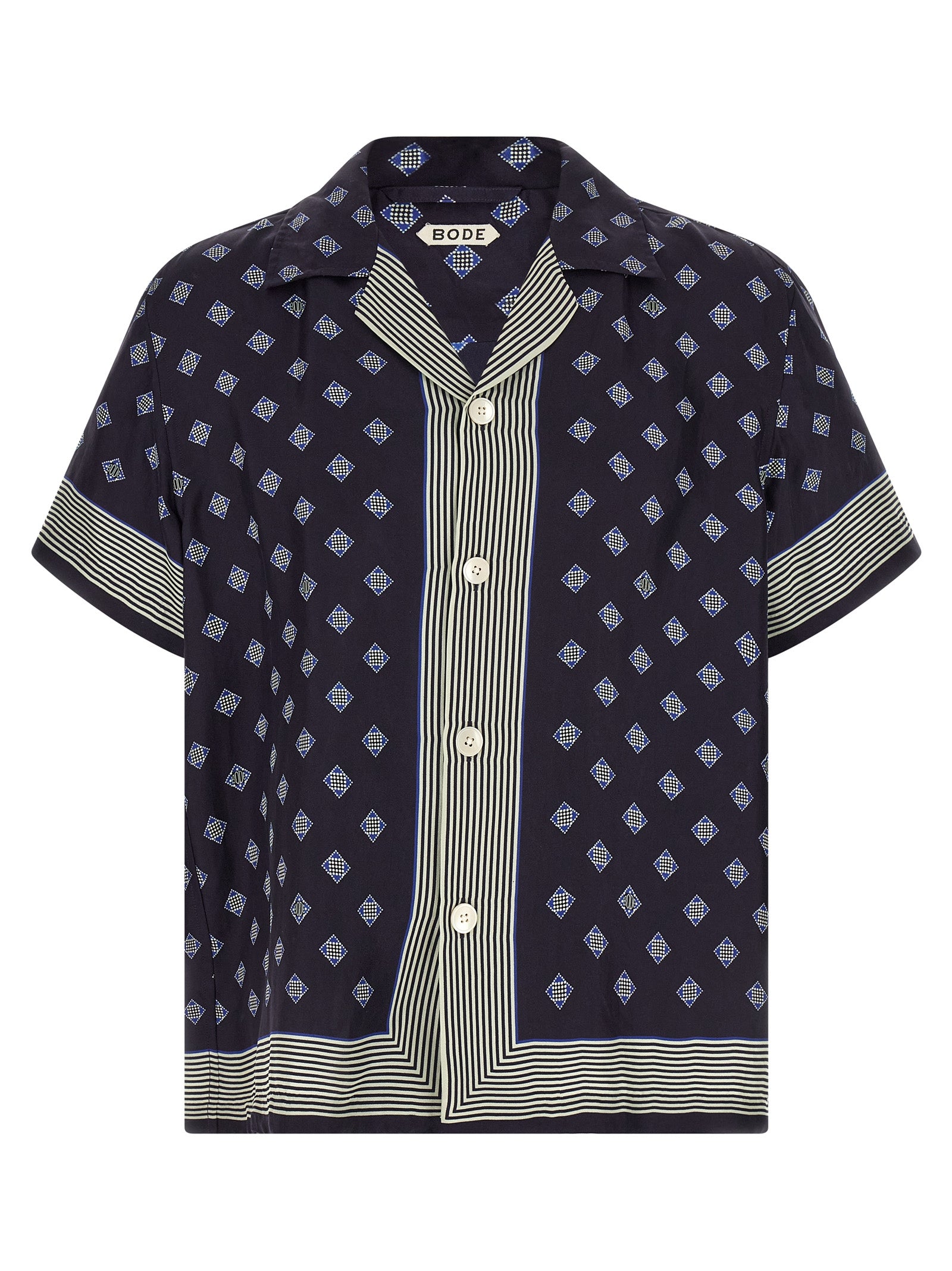 Shirt by BODE for men in silk blue & print showcases a sharp silhouette, elegantly detailed with a sharp and sharp short-sleeve.