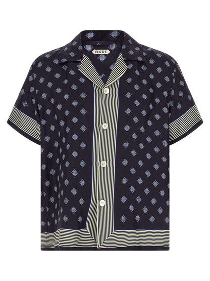 Shirt by BODE for men in silk blue & print showcases a sharp silhouette, elegantly detailed with a sharp and sharp short-sleeve.