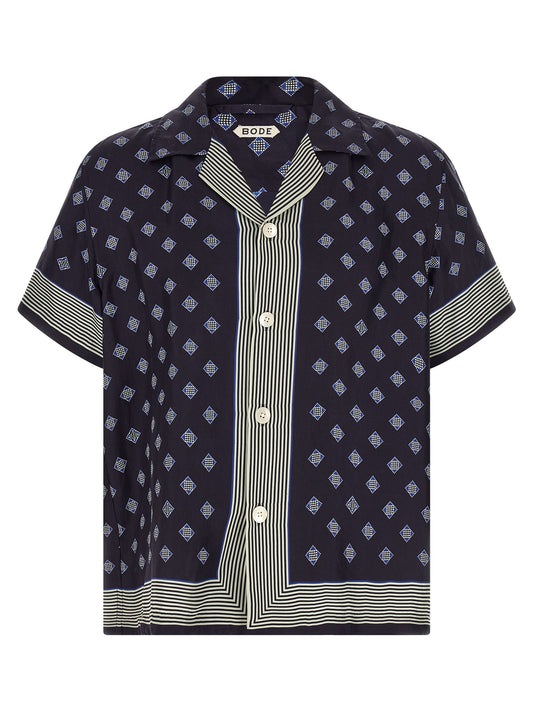 Shirt by BODE for men in silk blue & print showcases a sharp silhouette, elegantly detailed with a sharp and sharp short-sleeve.