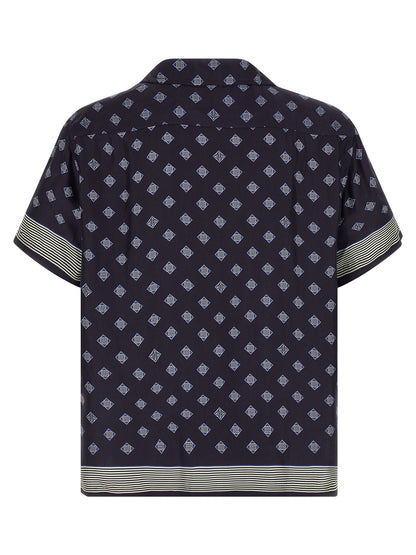 Shirt by BODE for men in silk blue & print showcases a sharp silhouette, elegantly detailed with a sharp and sharp .