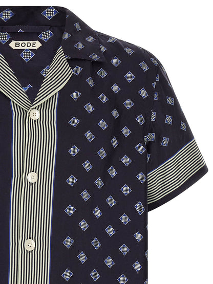Shirt by BODE for men in silk blue & print, featuring a nuanced and nuanced for a sophisticated finish.
