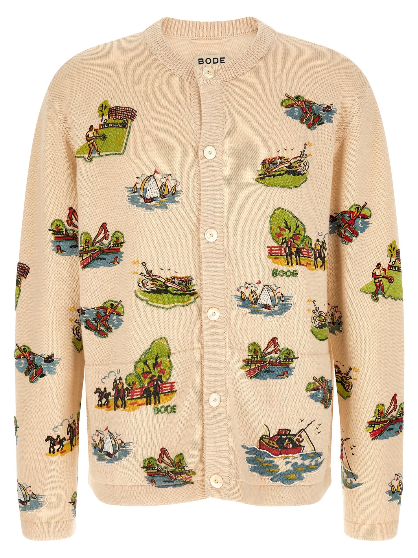 Cardigan by BODE for men in cotton & merino wool multicolor & print features a nuanced silhouette with a refined crew neckline and nuanced long-sleeve detailing for a sophisticated look.