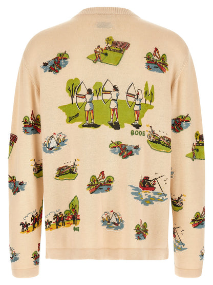 Cardigan by BODE for men in cotton & merino wool multicolor & print features an crisp silhouette, showcasing a sophisticated crew neckline and detail for a truly crisp finish.
