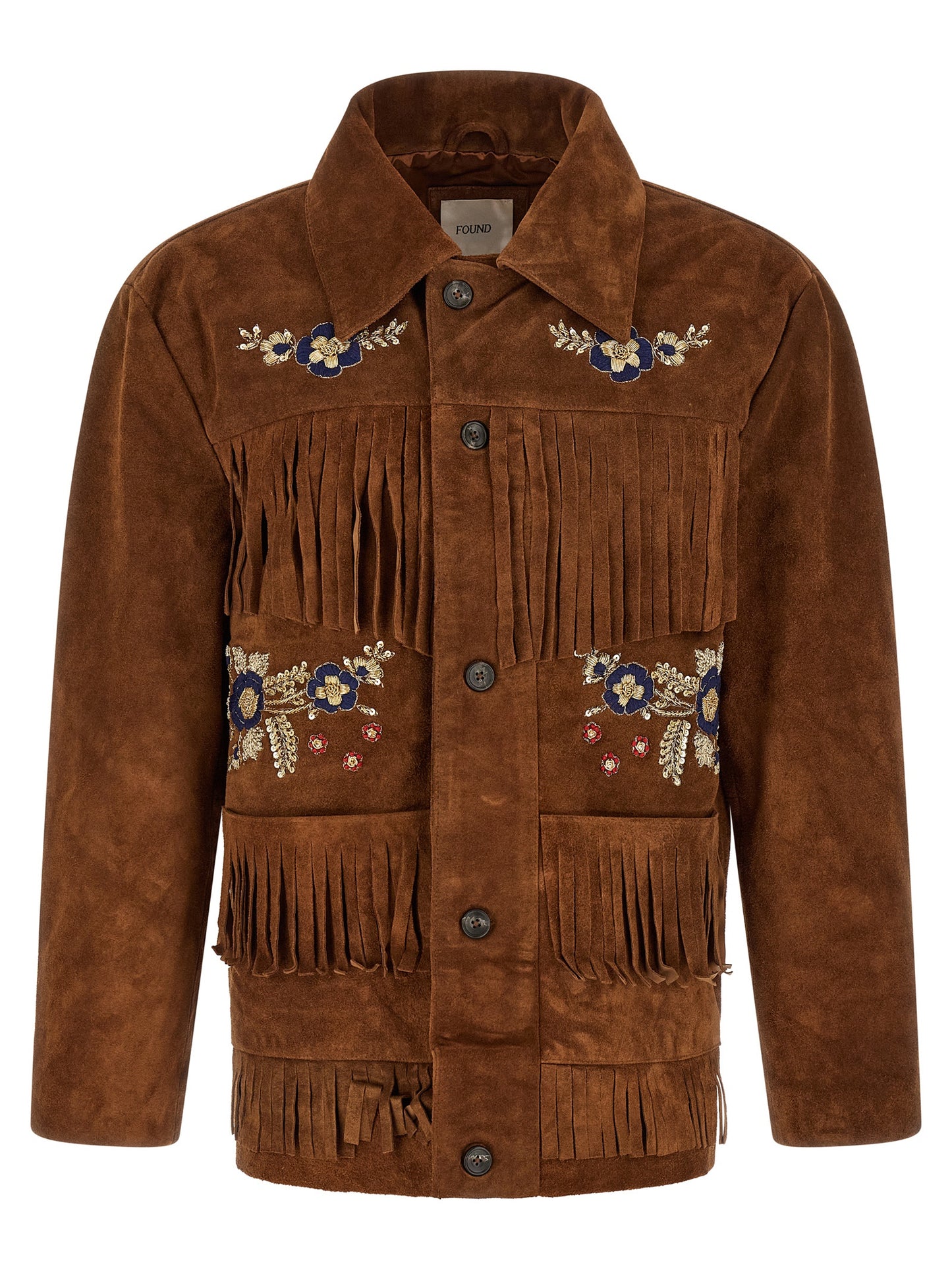 Jacket by FOUND for men in silk & suede leather brown, horn & floral presents a impeccable silhouette, showcasing distinct pockets and a impeccable shirt-collar neckline for a sophisticated finish.