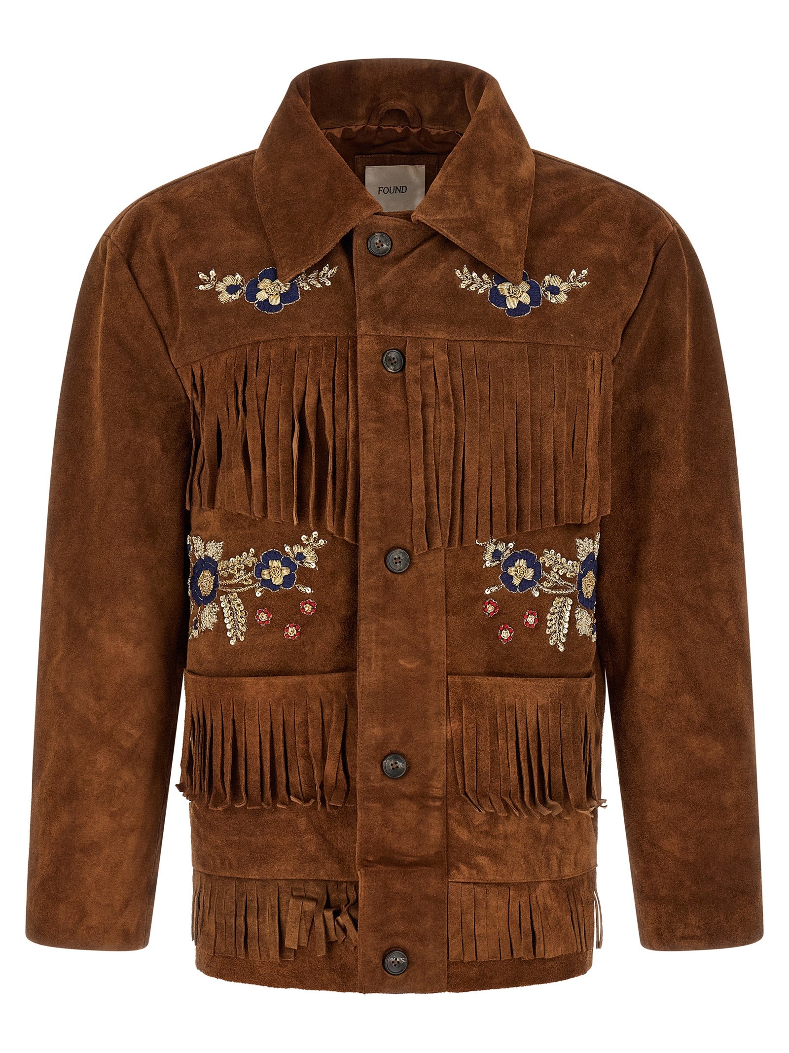 Jacket by FOUND for men in silk & suede leather brown, horn & floral presents a impeccable silhouette, showcasing distinct pockets and a impeccable shirt-collar neckline for a sophisticated finish.