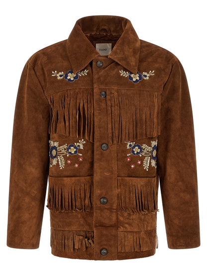 Jacket by FOUND for men in silk & suede leather brown, horn & floral presents a impeccable silhouette, showcasing distinct pockets and a impeccable shirt-collar neckline for a sophisticated finish.
