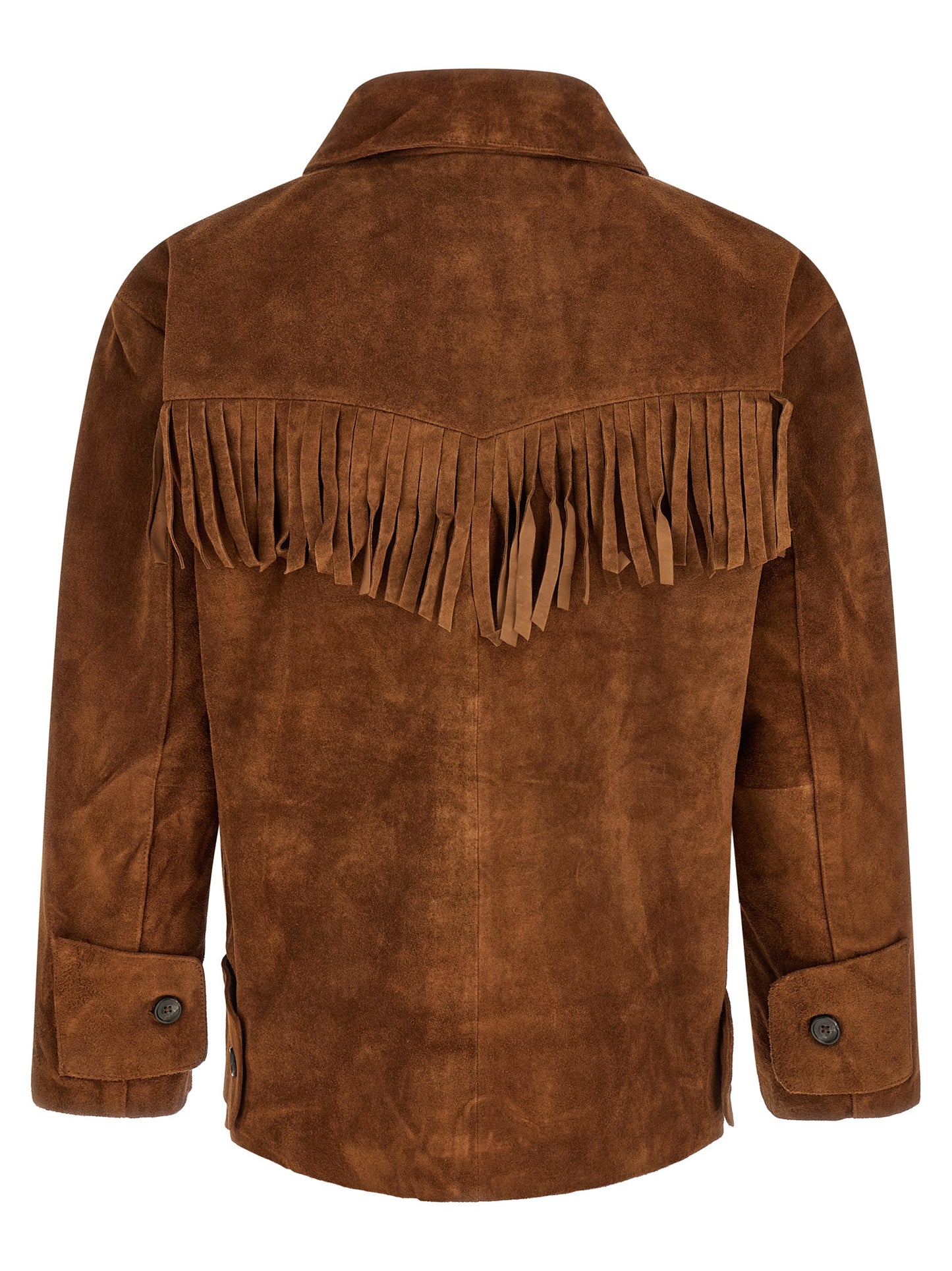 Jacket by FOUND for men in silk & suede leather brown, horn & floral features an utilitarian silhouette with a refined shirt-collar neckline, showcasing sophisticated pockets for an utilitarian aesthetic.
