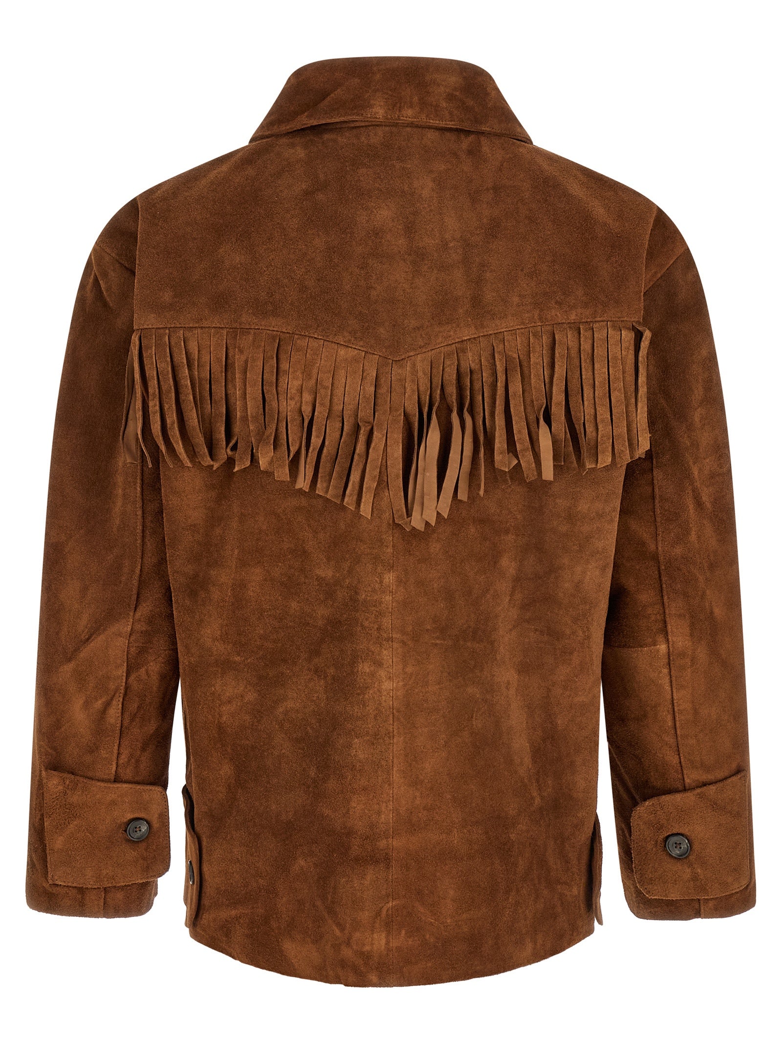 Jacket by FOUND for men in silk & suede leather brown, horn & floral features an utilitarian silhouette with a refined shirt-collar neckline, showcasing sophisticated pockets for an utilitarian aesthetic.