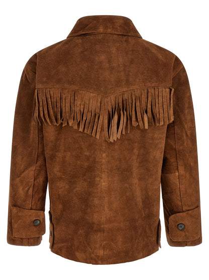 Jacket by FOUND for men in silk & suede leather brown, horn & floral features an utilitarian silhouette with a refined shirt-collar neckline, showcasing sophisticated pockets for an utilitarian aesthetic.