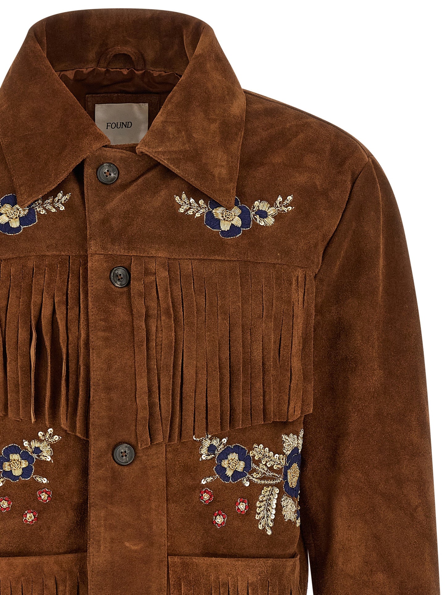 Jacket by FOUND for men in silk & suede leather brown, horn & floral showcases a contemporary silhouette, detailed with a contemporary shirt-collar neckline and premium pockets for a sophisticated finish.