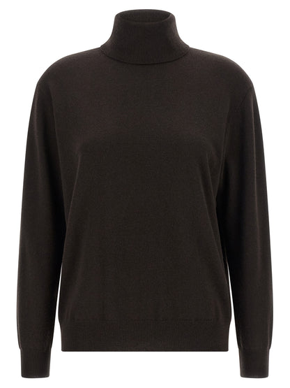 Cardigan by Brunello Cucinelli for women in cashmere brown features a dramatic silhouette, showcasing a sophisticated high-collar neckline and dramatic long-sleeve detail for a timeless, premium look.