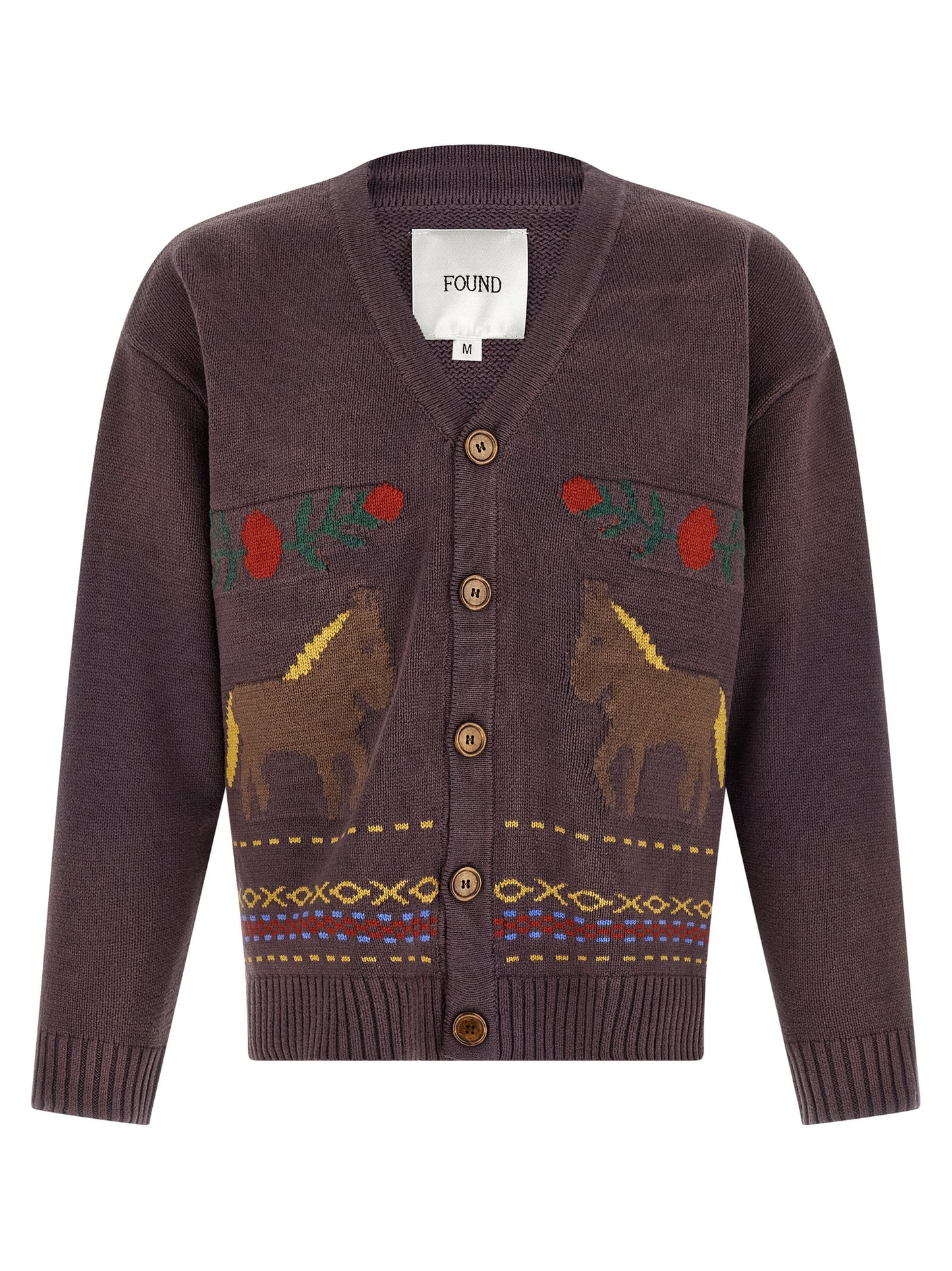 Cardigan by FOUND for men in horse leather & cotton brown, patterned & jacquard features a dramatic silhouette, showcasing a sophisticated v-neck neckline and dramatic long-sleeve detail for a timeless, premium look.