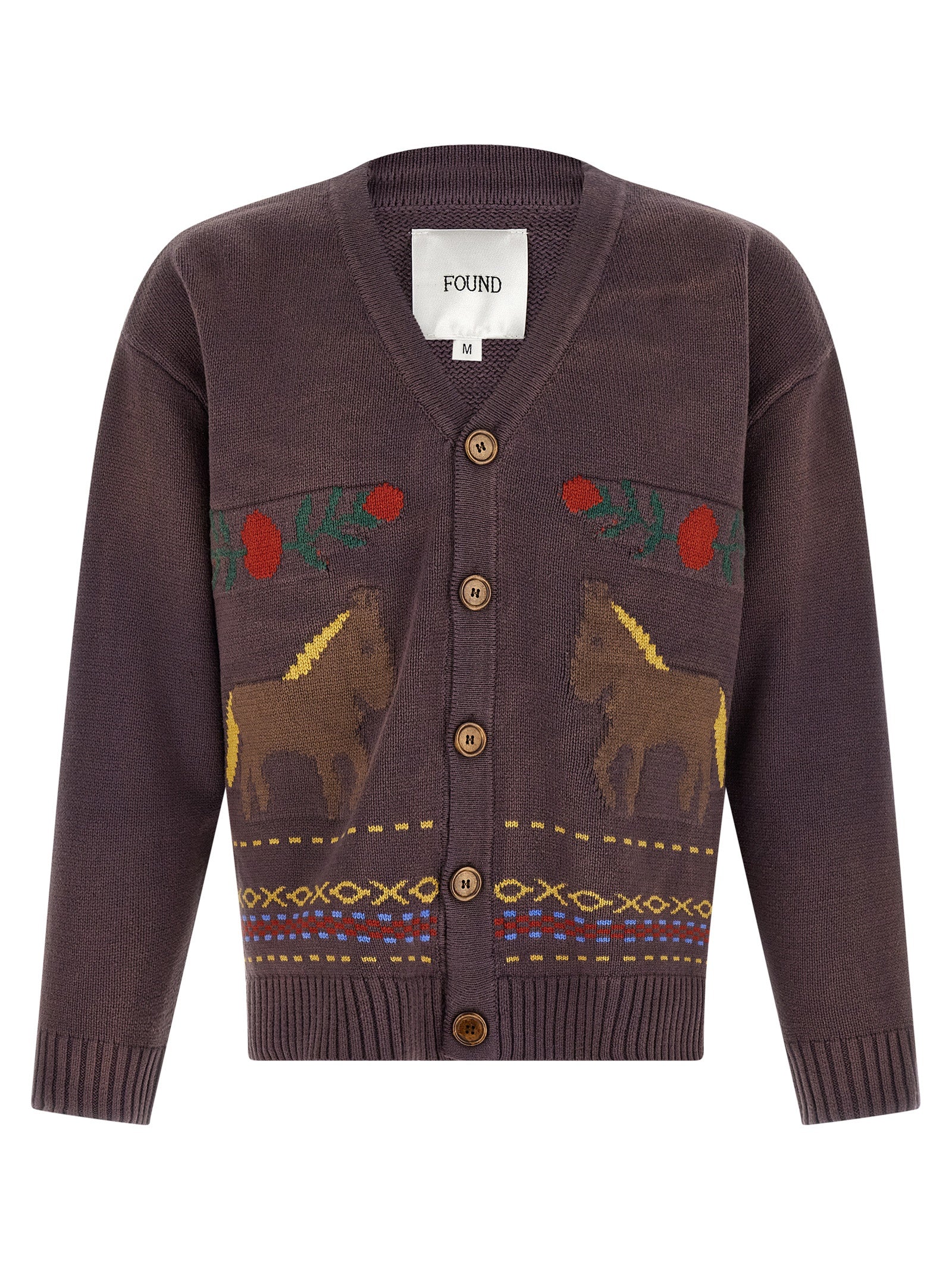 Cardigan by FOUND for men in horse leather & cotton brown, patterned & jacquard features a dramatic silhouette, showcasing a sophisticated v-neck neckline and dramatic long-sleeve detail for a timeless, premium look.