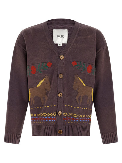 Cardigan by FOUND for men in horse leather & cotton brown, patterned & jacquard features a dramatic silhouette, showcasing a sophisticated v-neck neckline and dramatic long-sleeve detail for a timeless, premium look.