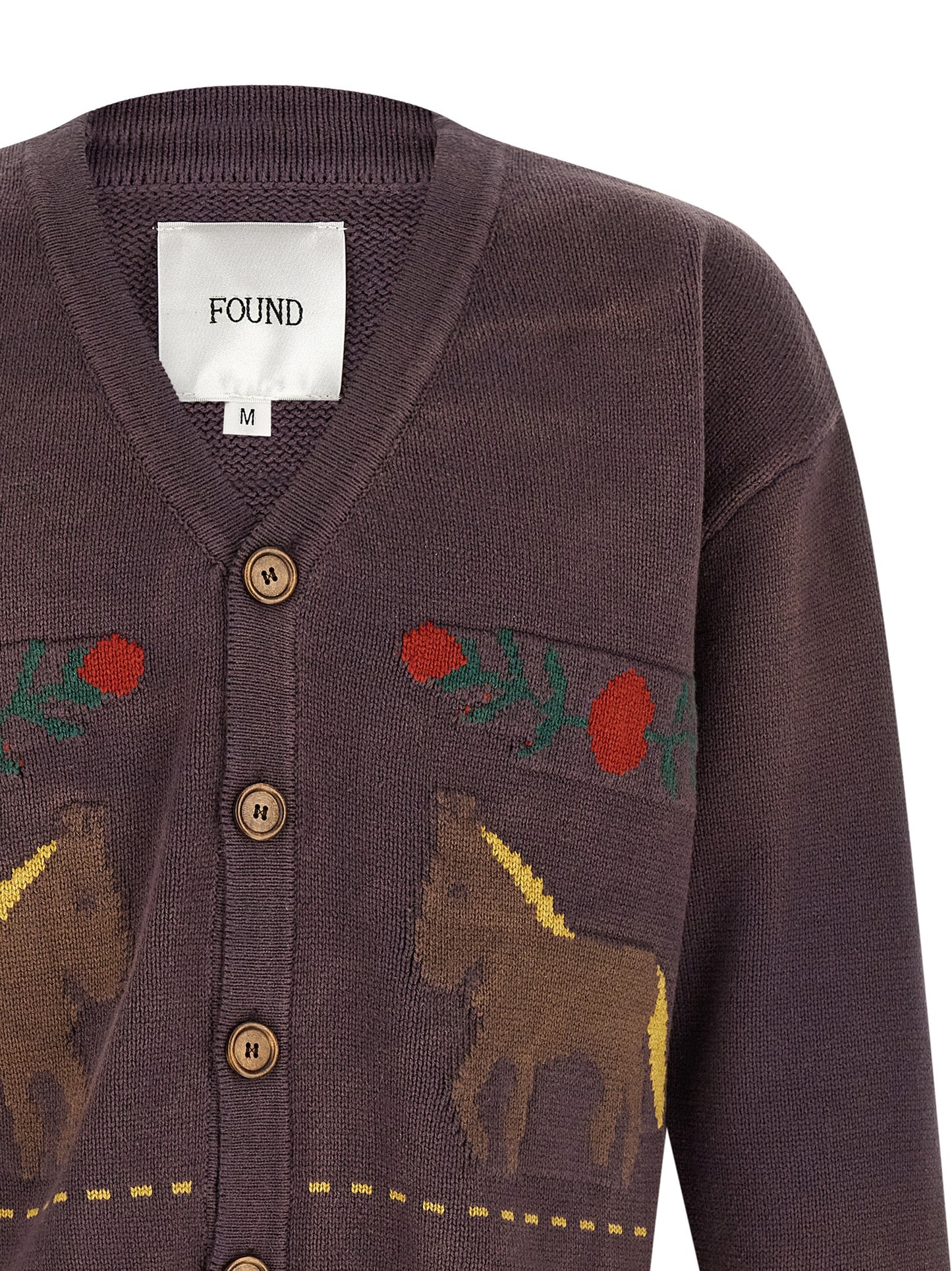 Cardigan by FOUND for men in horse leather & cotton brown, patterned & jacquard features an crisp silhouette, showcasing a sophisticated v-neck neckline and detail for a truly crisp finish.