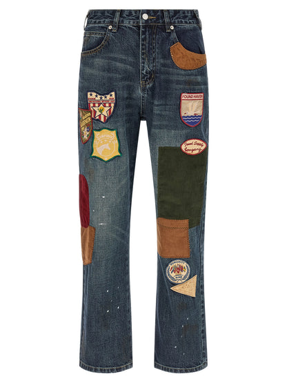 Jeans by FOUND for men in denim cotton blue & patchwork features a refined silhouette with a refined straight-leg & wide, defined by a and a refined long for a refined finish.