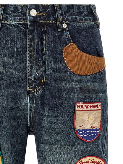 Jeans by FOUND for men in denim cotton blue & patchwork presents a tailored silhouette, showcasing a tailored straight-leg & wide and long cut with a refined for a truly tailored aesthetic.