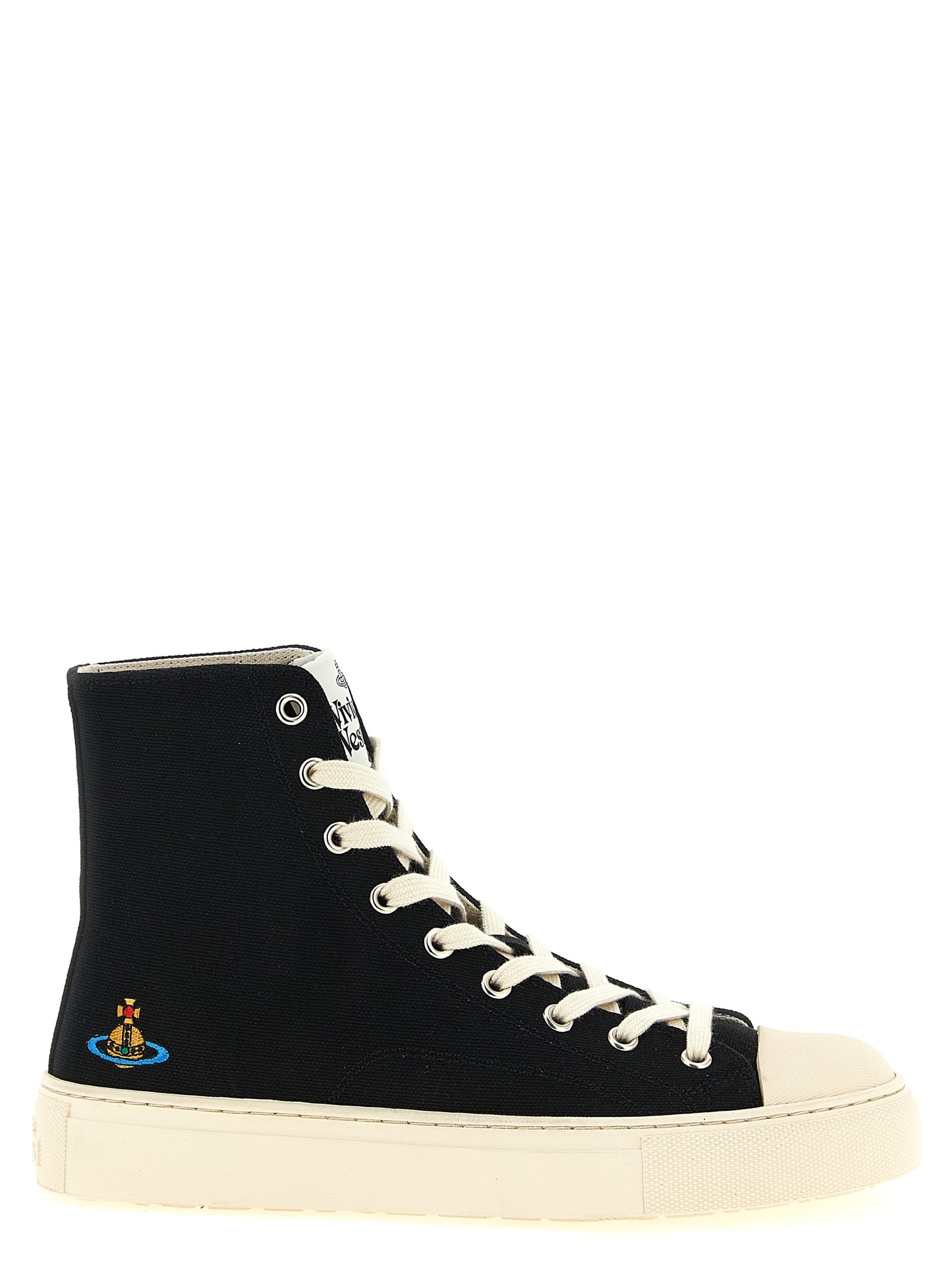 Sneakers by Vivienne Westwood for women in cotton canvas bicolour, black, white, patterned & signature presents a on trend silhouette from the Orb Women's High Top Cotton Canvas Sneakers collection, showcasing a on trend high-top style for an elevated aesthetic.