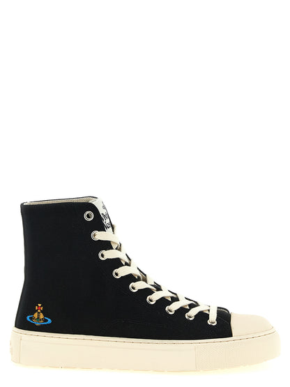 Sneakers by Vivienne Westwood for women in cotton canvas bicolour, black, white, patterned & signature presents a on trend silhouette from the Orb Women's High Top Cotton Canvas Sneakers collection, showcasing a on trend high-top style for an elevated aesthetic.