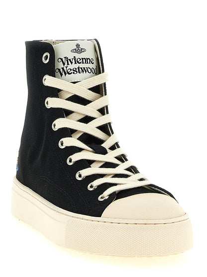 Sneakers by Vivienne Westwood for women in cotton canvas bicolour, black, white, patterned & signature presents a sumptuous silhouette, artfully capturing the essence of the Orb Women's High Top Cotton Canvas Sneakers with its sumptuous high-top style design.