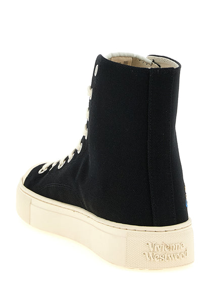 Sneakers by Vivienne Westwood for women in cotton canvas bicolour, black, white, patterned & signature features an fashionable silhouette, showcasing the premium Orb Women's High Top Cotton Canvas Sneakers in a fashionable high-top style that offers a fashionable finish for refined style.