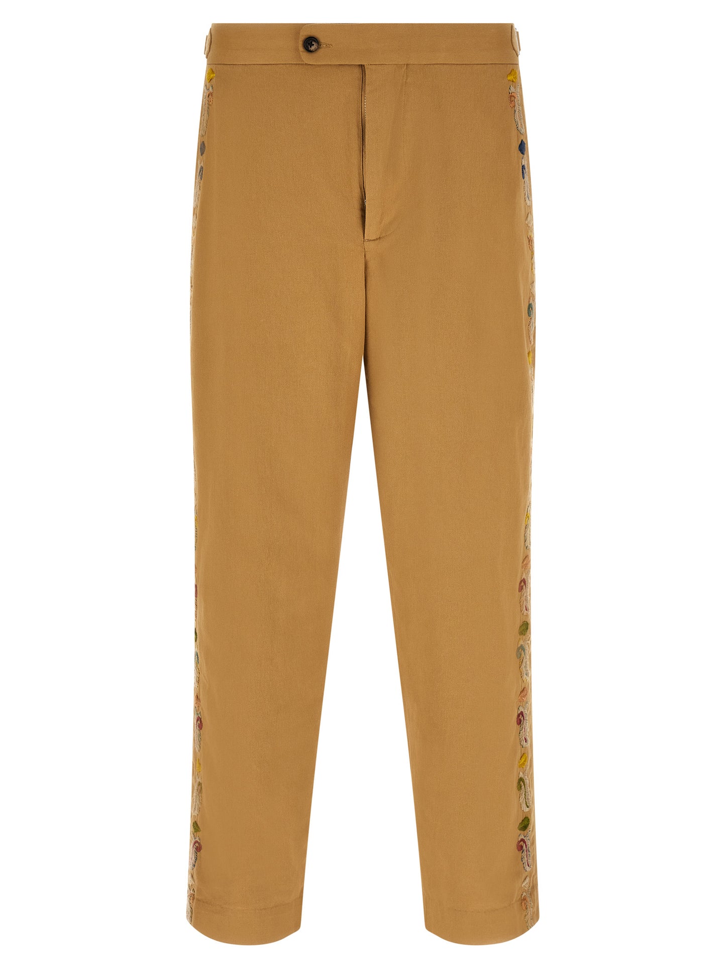 Trousers by BODE for men in cotton beige features a sculptural silhouette, showcasing a sculptural straight-leg, wide & cropped and cropped with a sophisticated for a sculptural finish.