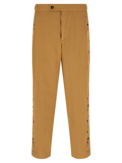 Trousers by BODE for men in cotton beige features a sculptural silhouette, showcasing a sculptural straight-leg, wide & cropped and cropped with a sophisticated for a sculptural finish.