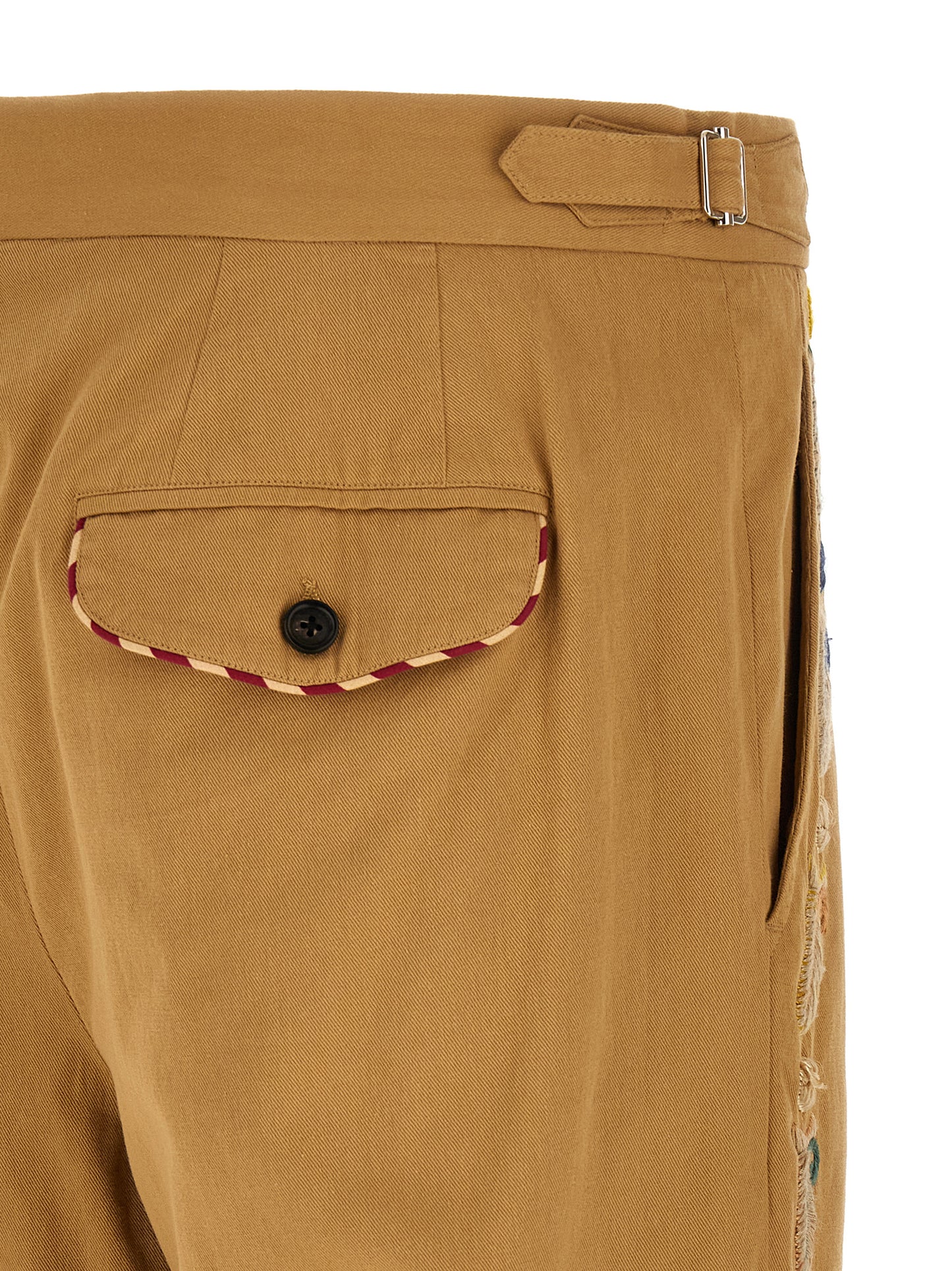 Trousers by BODE for men in cotton beige features an sartorial silhouette, showcasing a precise straight-leg, wide & cropped and cropped with a sartorial for a refined look.