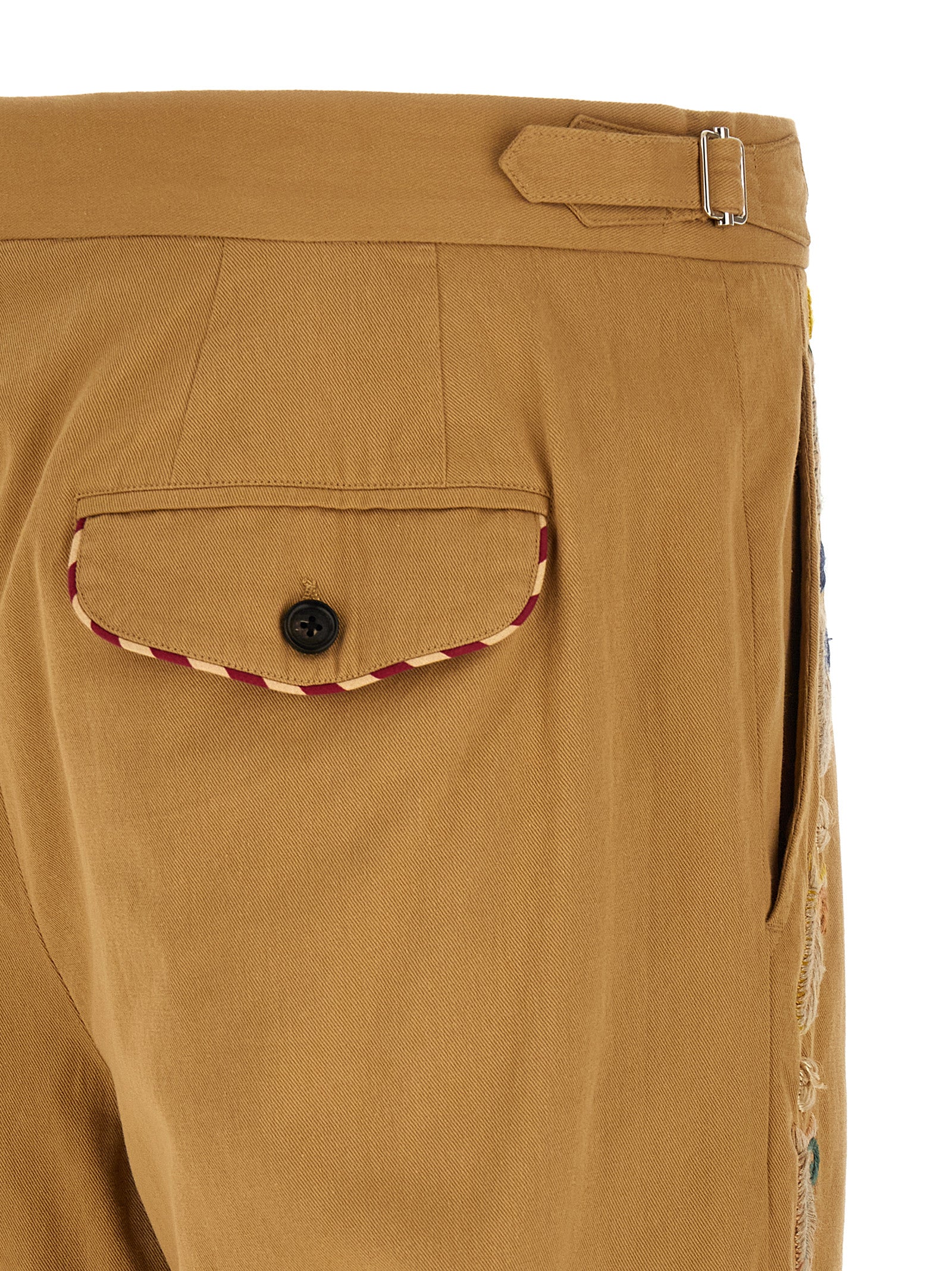 Trousers by BODE for men in cotton beige features an sartorial silhouette, showcasing a precise straight-leg, wide & cropped and cropped with a sartorial for a refined look.