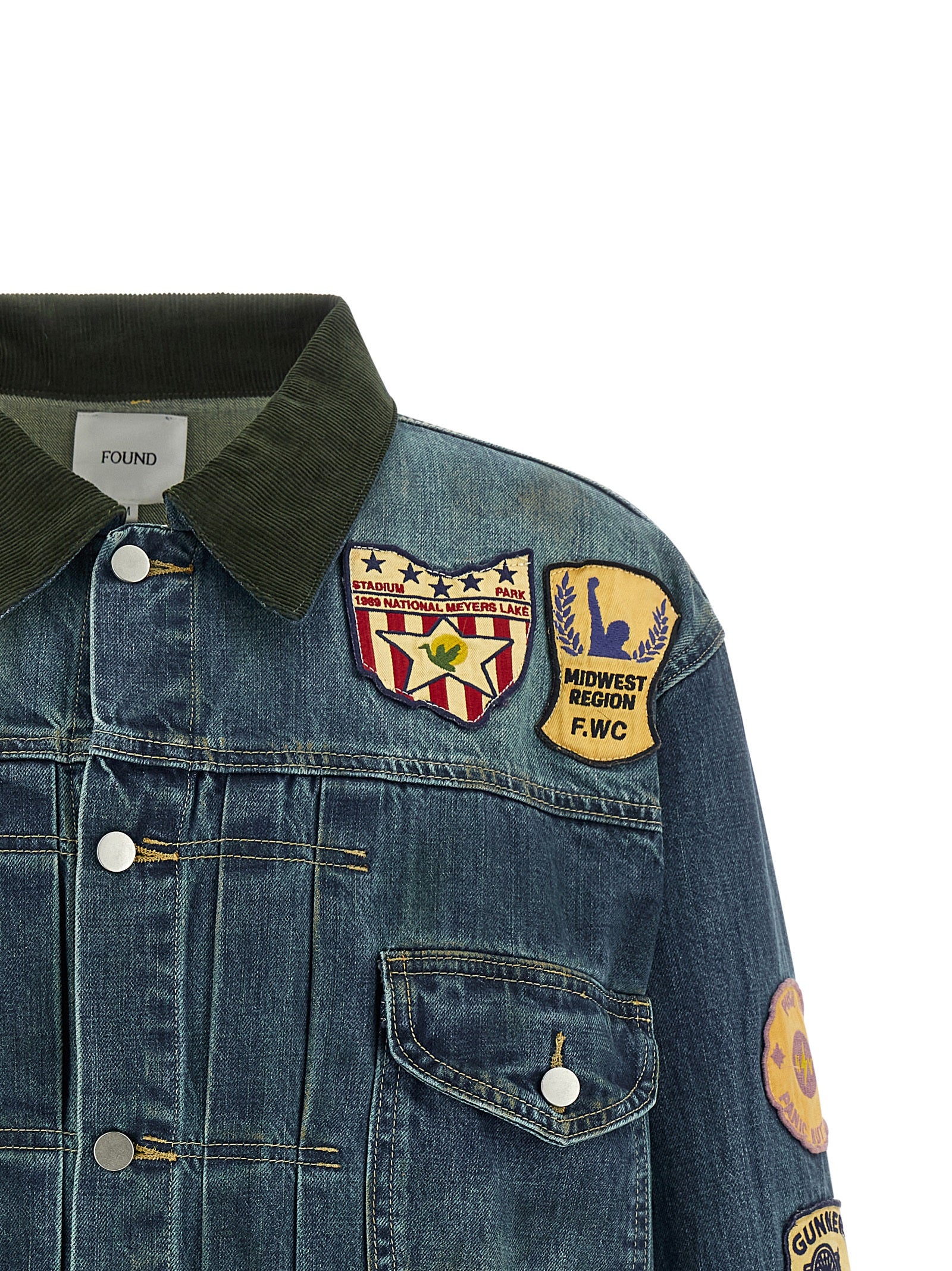 Trucker Jacket by FOUND for men in denim cotton corduroy blue & patchwork features a dramatic silhouette, showcasing a sophisticated and distinctive pockets for a dramatic aesthetic.