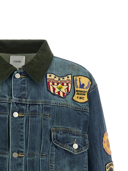 Trucker Jacket by FOUND for men in denim cotton corduroy blue & patchwork features a dramatic silhouette, showcasing a sophisticated and distinctive pockets for a dramatic aesthetic.