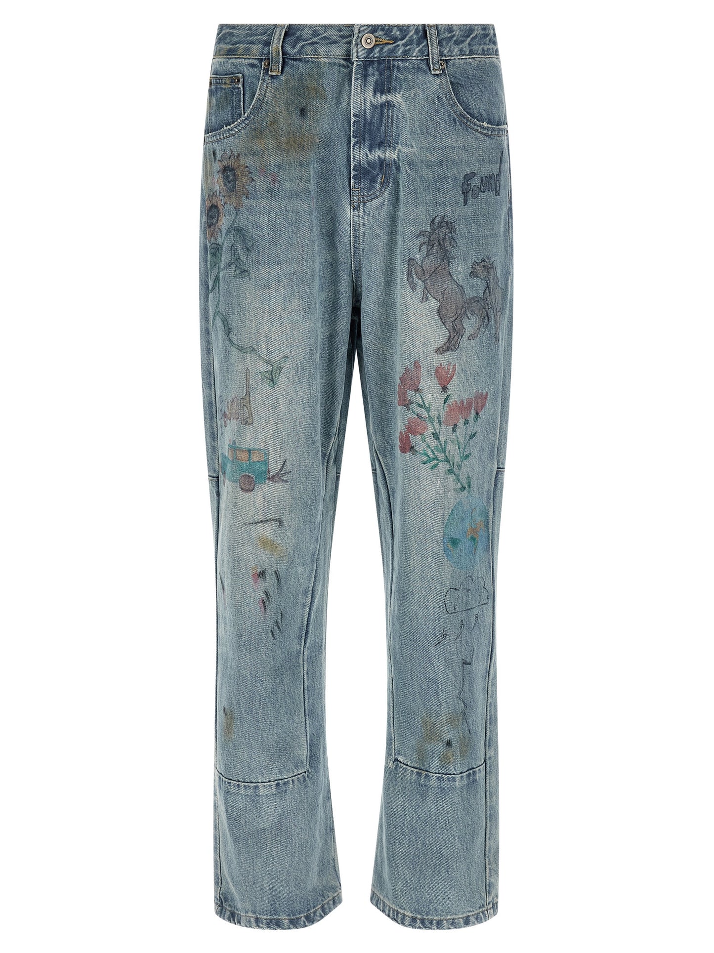Jeans by FOUND for men in denim cotton blue & print presents a refined pantology silhouette, artfully defined by a refined pantology straight-leg, regular-fit & wide, long, and a sophisticated .