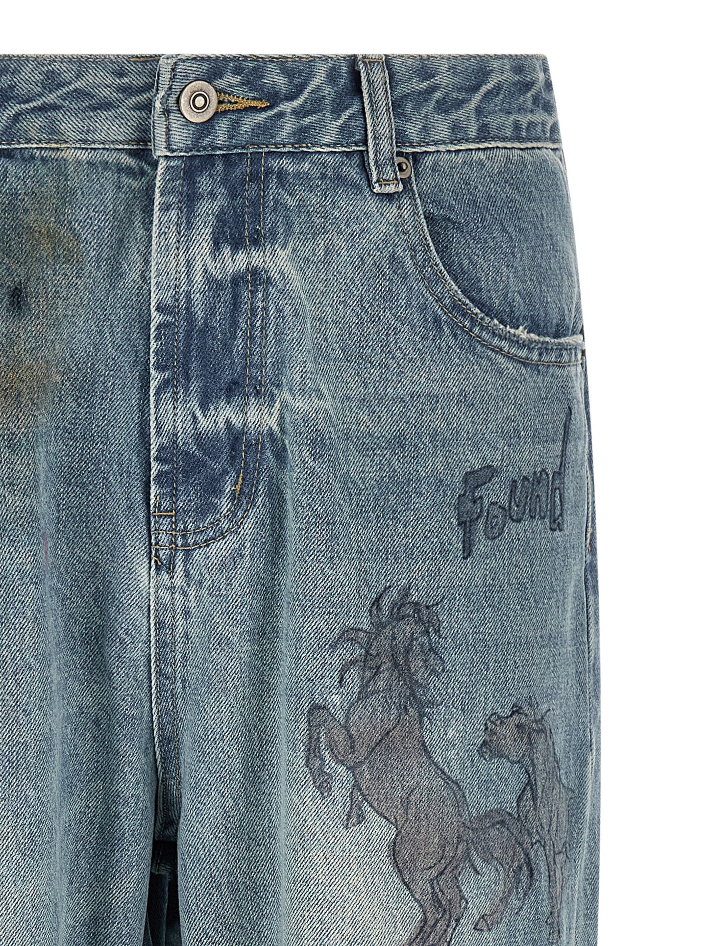 Jeans by FOUND for men in denim cotton blue & print features an refined tailoring silhouette, showcasing a premium straight-leg, regular-fit & wide with a and long cut for a refined tailoring look.