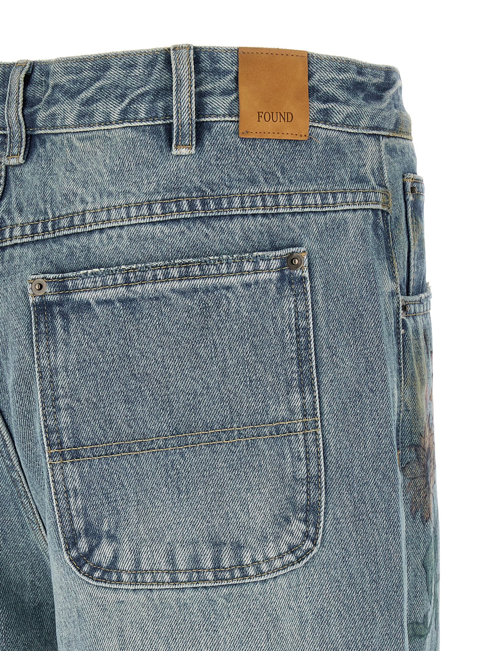 Jeans by FOUND for men in denim cotton blue & print presents a tailored silhouette, showcasing a tailored straight-leg, regular-fit & wide and long cut with a refined for a truly tailored aesthetic.