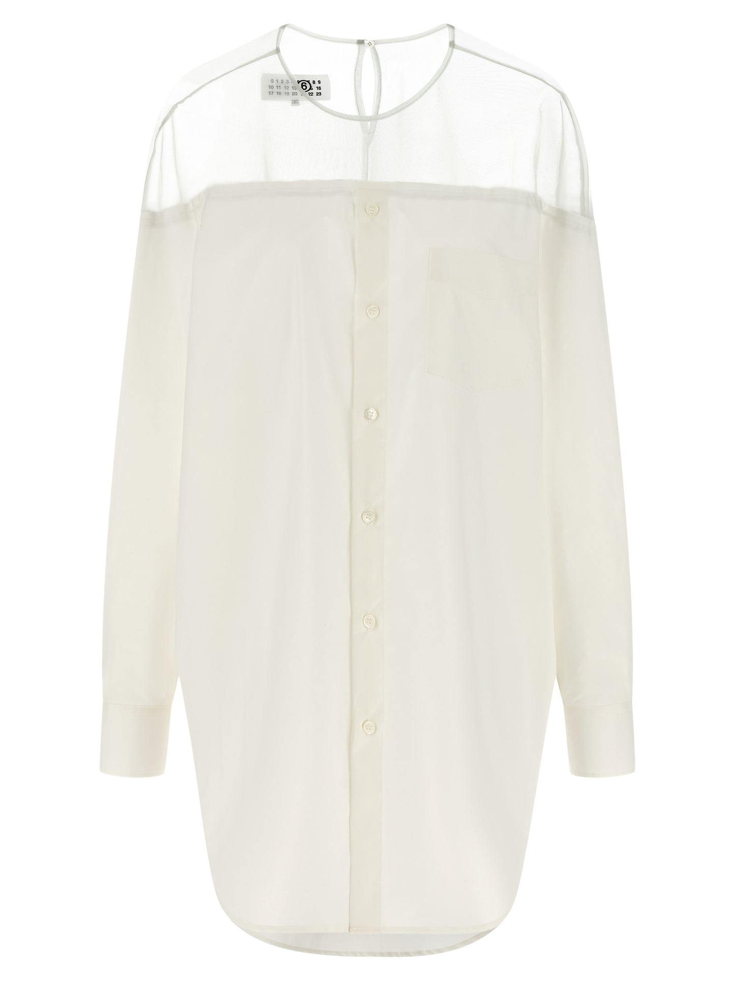 Blouse by MM6 Maison Margiela for women in cotton pearl, transparent & white showcases a sharp silhouette, elegantly detailed with a sharp crew neckline and sharp .