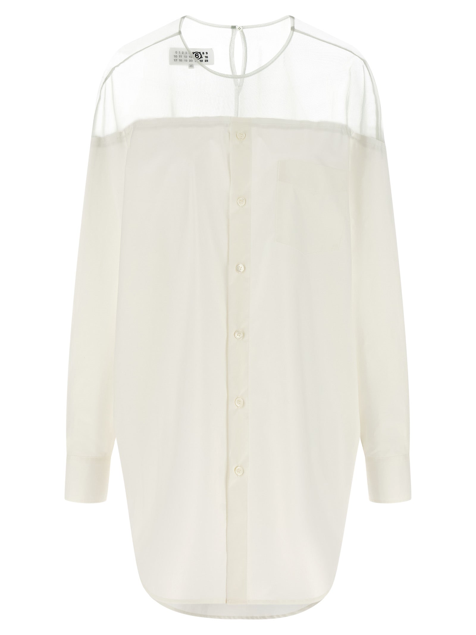 Blouse by MM6 Maison Margiela for women in cotton pearl, transparent & white showcases a sharp silhouette, elegantly detailed with a sharp crew neckline and sharp .
