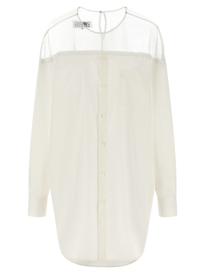 Blouse by MM6 Maison Margiela for women in cotton pearl, transparent & white showcases a sharp silhouette, elegantly detailed with a sharp crew neckline and sharp .