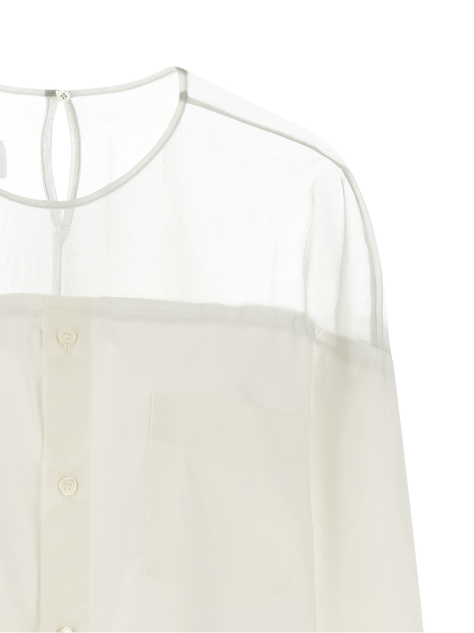 Blouse by MM6 Maison Margiela for women in cotton pearl, transparent & white showcases a sleek silhouette, elegantly detailed with a sleek crew neckline and for a sleek finish.