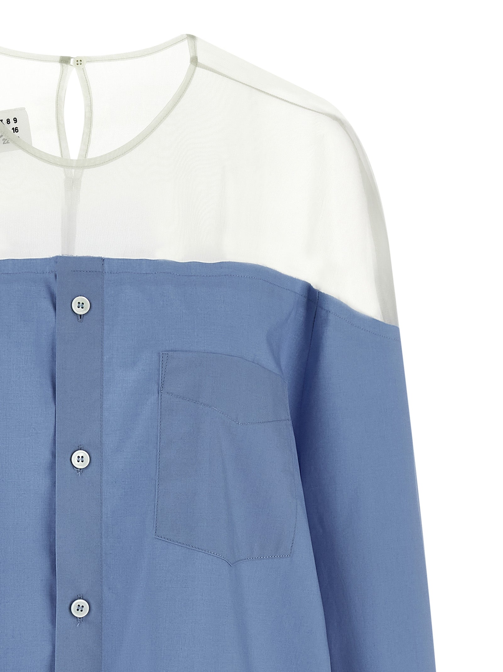 Blouse by MM6 Maison Margiela for women in cotton light-blue, pearl & transparent presents a discerning silhouette, showcasing a sophisticated crew neckline and for a truly discerning finish.