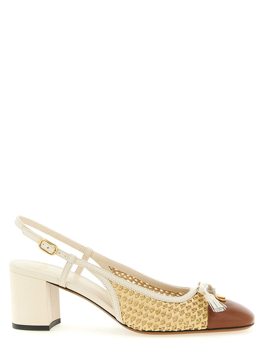 Mid-Heel Slingback Pumps Heels by Valentino Garavani for women in raffia & goatskin leather beige & signature features an captivating silhouette, showcasing the elegant V Logo Women's Raffia & Goatskin Leather Mid-Heel Slingback Pumps Heels design with a mid-heel and a sophisticated square toe style.