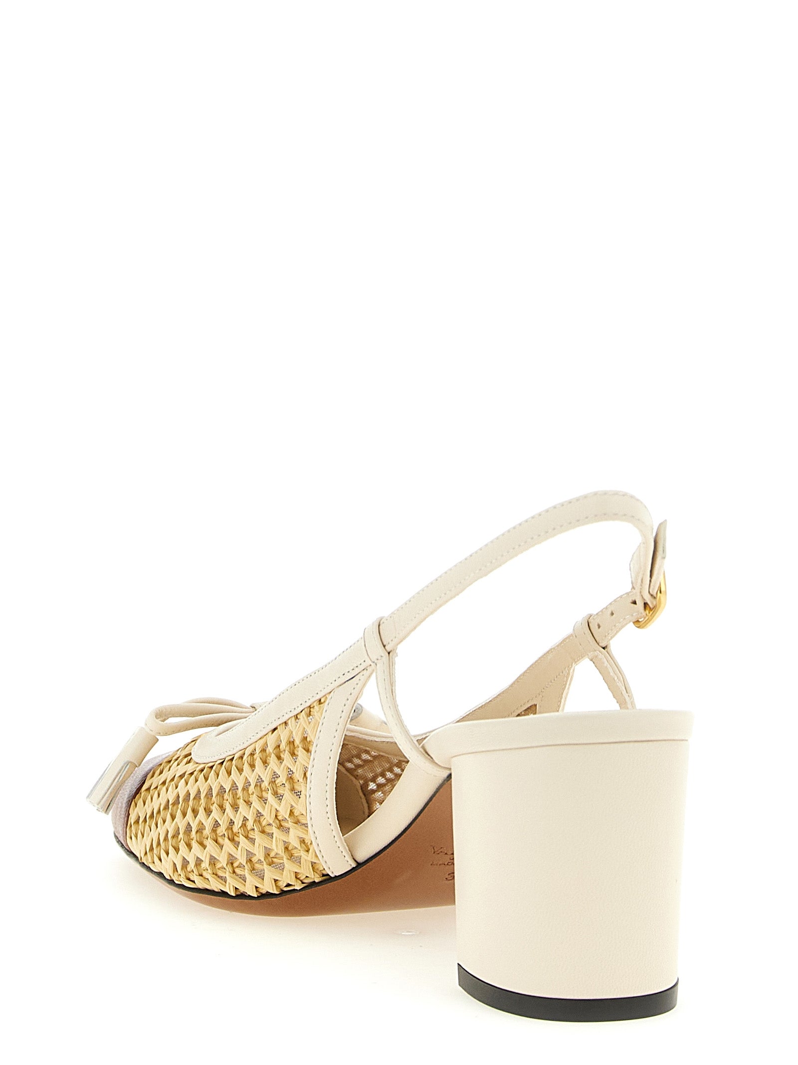 Mid-Heel Slingback Pumps Heels by Valentino Garavani for women in raffia & goatskin leather beige & signature features a effortless chic silhouette, showcasing the V Logo Women's Raffia & Goatskin Leather Mid-Heel Slingback Pumps Heels design with a effortless chic mid-heel and square toe style for a effortless chic finish.