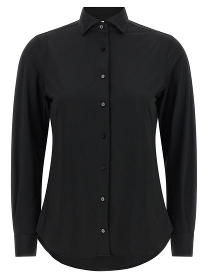 Blouse by XACUS for women in stretch polyamide black presents a discerning silhouette, showcasing a sophisticated and long-sleeve for a truly discerning finish.