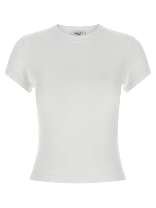 T-Shirt by Saint Laurent for women in cotton white showcases a dramatic silhouette, elegantly detailed with a dramatic crew neckline and short-sleeve for a truly dramatic finish.